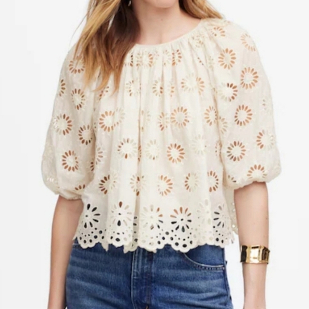 MADEWELL FLORAL Embroidered Puff Sleeve  Eyelit Top Size LARGE